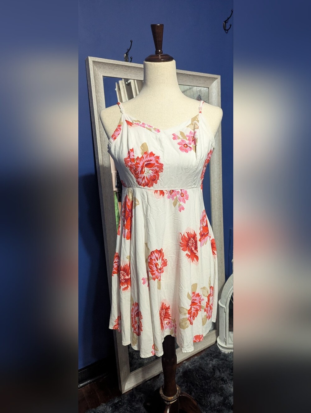 Old Navy White Midi Dress with Red & Pink Floral Print